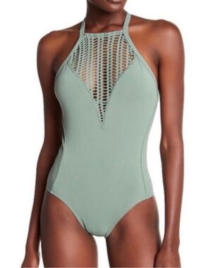 Robin Piccone sage green Sophia Crochet high neck One-Piece Swimsuit size 10